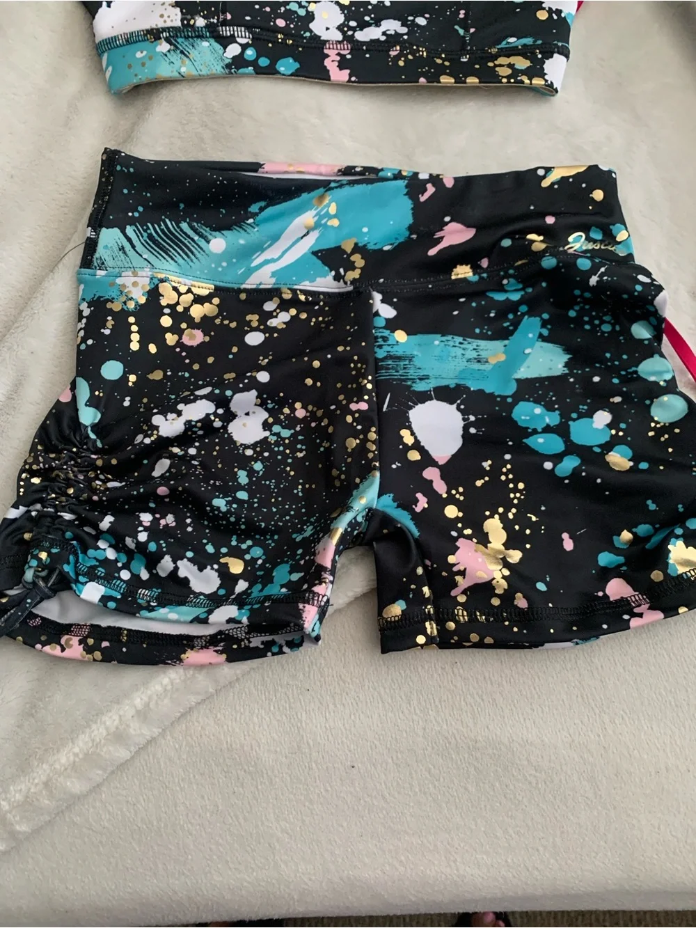 NWT - Justice Girls' Splatter Paint on Black Reversible Sports Bra & Bottom